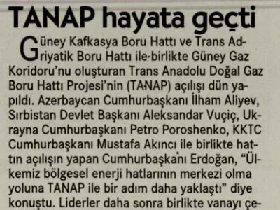 TANAP HAYATA GEÇTİ (CUMHURİYET)