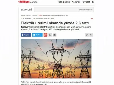ELEKTRİK ÜRETİMİ NİSANDA YÜZDE 2,6 ARTTI (MİLLİYET.COM.TR)