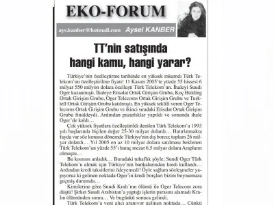 TT`NİN SATIŞINDA HANGİ KAMU, HANGİ YARAR? (AYSEL KANBER-BAŞKENT GAZETESİ)