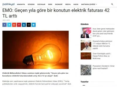 EMO: GEÇEN YILA GÖRE BİR KONUTUN ELEKTRİK FATURASI 42 TL ARTTI (POLİTİKYOL.COM)