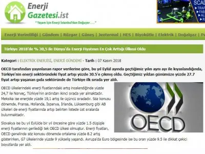 TÜRKİYE 2018DE % 30,5 İLE DÜNYADA ENERJİ FİYATININ EN ÇOK ARTTIĞI ÜLKESİ OLDU (ENERJİGAZETESİ.İST)