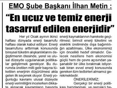 EN UCUZ VE TEMİZ ENERJİ TASARRUF EDİLEN ENERJİDİR (ANTALYA EKONOMİ - 09.01.2019)