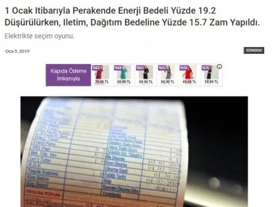 1 OCAK ITİBARIYLA PERAKENDE ENERJİ BEDELİ YÜZDE 19.2 DÜŞÜRÜLÜRKEN, ILETİM, DAĞITIM BEDELİNE YÜZDE 15.7 ZAM YAPILDI. (HABERVERİYORUZ.COM)