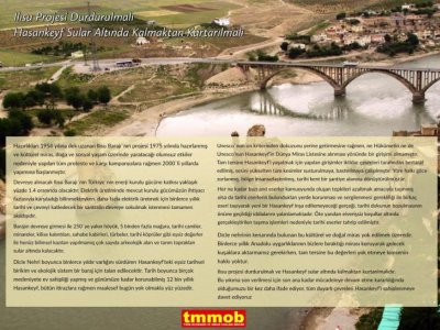 TMMOB: ILISU PROJESİ DURDURULMALI VE HASANKEYF SULAR ALTINDA KALMAKTAN KURTARILMALIDIR