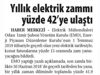 YILLIK ELEKTRİK ZAMMI YÜZDE 42`YE ULAŞTI (TİCARET GAZETESİ)