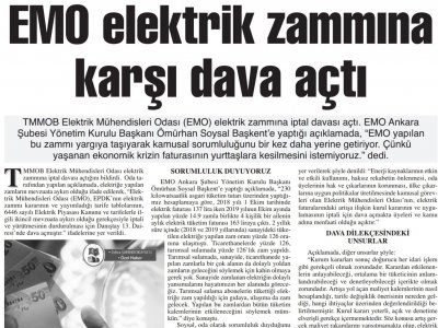 EMO ELEKTRİK ZAMMINA KARŞI DAVA AÇTI (BAŞKENT GAZETESİ, 28.11.2019)