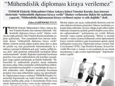 MÜHENDİSLİK DİPLOMASİ KİRAYA VERİLEMEZ (BAŞKENT GAZETESİ, 7.12.2019)