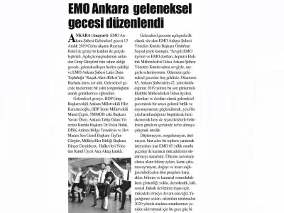 EMO ANKARA GELENEKSEL GECESİ DÜZENLENDİ (ANAYURT GAZETESİ, 18.12.2019)