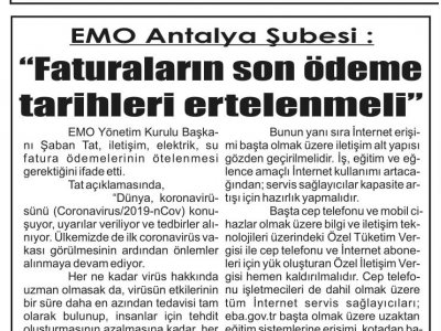 FATURALARIN SON ÖDEME TARİHLERİ ERTELENMELİ (TOROS GAZETESİ - 20.03.2020)