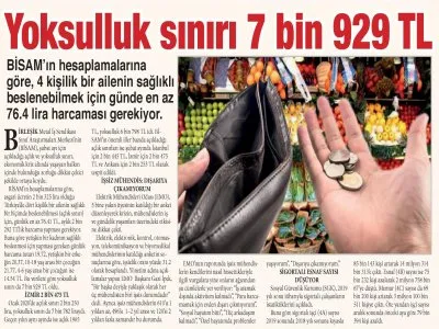 YOKSULLUK SINIRI 7 BİN 929 TL (YURT GAZETESİ)