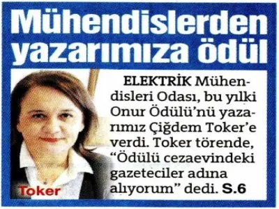 MÜHENDİSLERDEN YAZARIMIZA ÖDÜL (SÖZCÜ)