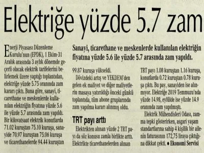 ELEKTRİĞE 5.7`LİK ZAM CEP YAKACAK (CUMHURİYET)