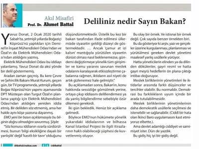 DELİLİNİZ NEDİR SAYIN BAKAN? (YENİ ASYA/PROF.DR.AHMET BATTAL)