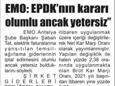 EPDK`NIN KARARI OLUMLU ANCAK YETERSİZ (TOROS GAZETESİ-19.12.2020)