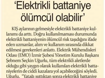 ELEKTRİKLİ BATTANİYE ÖLÜMCÜL OLABİLİR (İZGAZETE)