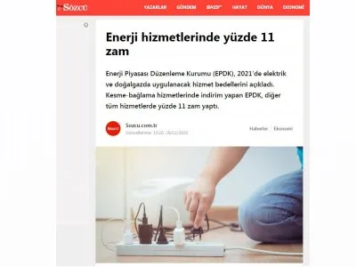 ENERJİ HİZMETLERİNDE YÜZDE 11 ZAM (SOZCU.COM.TR)