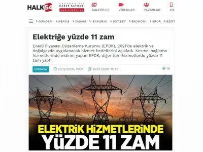 ELEKTRİĞE YÜZDE 11 ZAM (HALK54.COM)