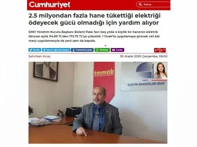 2.5 MİLYONDAN FAZLA HANE TÜKETTİĞİ ELEKTRİĞİ ÖDEYECEK GÜCÜ OLMADIĞI İÇİN YARDIM ALIYOR (CUMHURİYET.COM.TR)