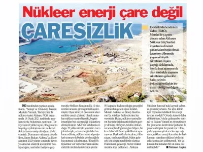 NÜKLEER ENERJİ ÇARE DEĞİL ÇARESİZLİK (TÜRKİYE`DE YENİ ÇAĞ)