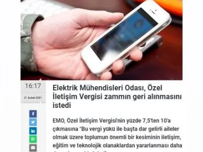 ELEKTRİK MÜHENDİSLERİ ODASI, ÖZEL İLETİŞİM VERGİSİ ZAMMIN GERİ ALINMASINI İSTEDİ (YURTGAZETESİ.COM.TR)