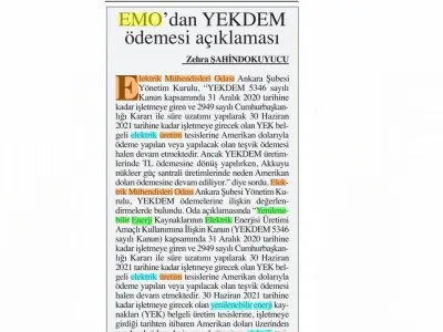 EMO`DAN YEKDEM ÖDEMESİ AÇIKLAMASI (BAŞKENT GAZETESİ, 05.02.2021)