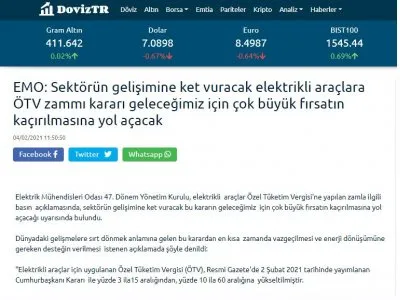EMO: SEKTÖRÜN GELİŞİMİNE KET VURACAK ELEKTRİKLİ ARAÇLARA ÖTV ZAMMI KARARI GELECEĞİMİZ İÇİN ÇOK BÜYÜK FIRSATIN KAÇIRILMASINA YOL AÇACAK (DOVİZTR.COM)