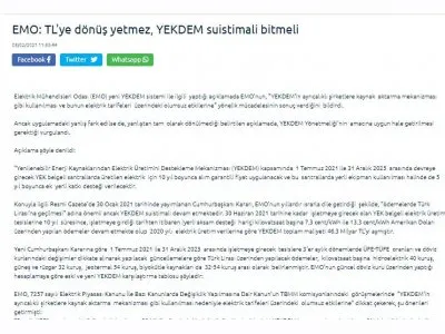 EMO: TL`YE DÖNÜŞ YETMEZ, YEKDEM SUİSTİMALİ BİTMELİ (DOVİZTR.COM)