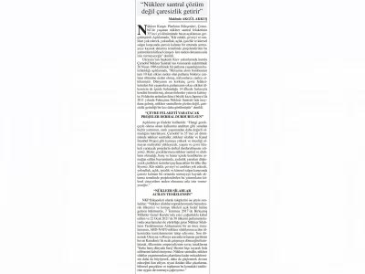 `NÜKLEER SANTRAL ÇÖZÜM DEĞİL ÇARESİZLİK GETİRİR` (BAŞKENT GAZETESİ)
