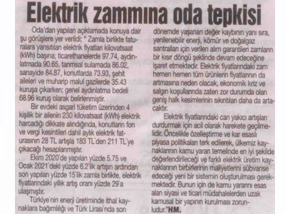 `ELEKTRİK ZAMMINA ODA TEPKİSİ` İSTİKBAL GAZETESİ 02.07.2021
