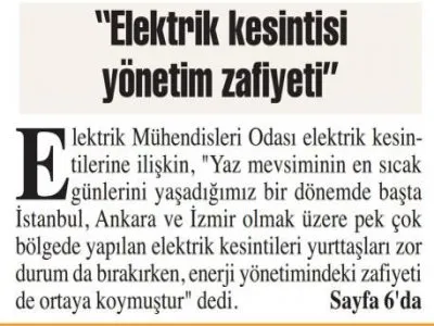 `ELEKTRİK KESİNTİSİ YÖNETİM ZAFİYETİ` (BAŞKENT GAZETESİ)