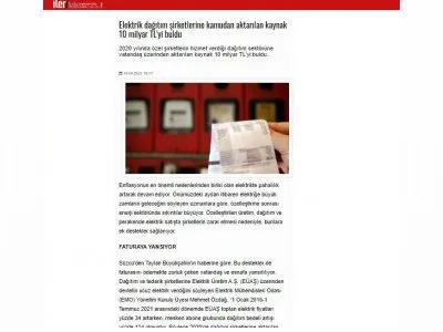 ELEKTRİK DAĞITIM ŞİRKETLERİNE KAMUDAN AKTARILAN KAYNAK 10 MİLYAR TL`Yİ BULDU (İLERİHABER.ORG)