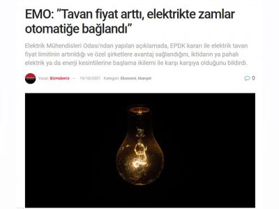 EMO: TAVAN FİYAT ARTTI, ELEKTRİKTE ZAMLAR OTOMATİĞE BAĞLANDI (HABERBİZİZ.COM)