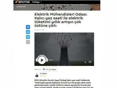 ELEKTRİK MÜHENDİSLERİ ODASI: KALICI YAZ SAATİ İLE ELEKTRİK TÜKETİMİ YILLIK ARTIŞIN ÇOK ÜSTÜNE ÇIKTI (SPUTNİKNEWS.COM)