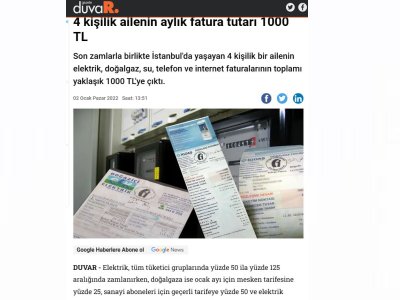 4 KİŞİLİK AİLENİN AYLIK FATURA TUTARI 1000 TL (GAZETEDUVAR.COM.TR)