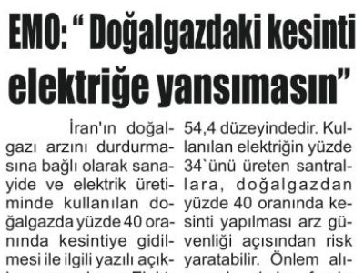 EMO:`DOĞALGAZDAKİ KESİNTİ ELEKTRİĞE YANSIMASIN` (AKDENİZ GÜNCEL-22.01.2022)