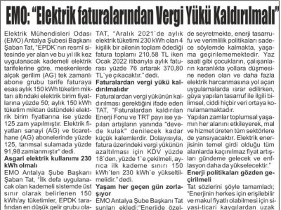 EMO: ``ELEKTRİK FATURALARINDAN VERGİ YÜKÜ KALDIRILMALI` (AKDENİZ GÜNCEL - 06.01.2022)