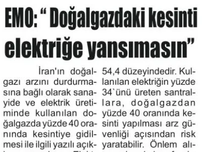 EMO:`DOĞALGAZDAKİ KESİNTİ ELEKTRİĞE YANSIMASIN` (AKDENİZ GÜNCEL-22.01.2022)