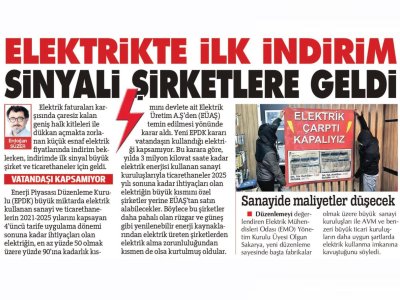 ELEKTRİKTE İLK İNDİRİM SİNYALİ ŞİRKETLERE GELDİ (SÖZCÜ)