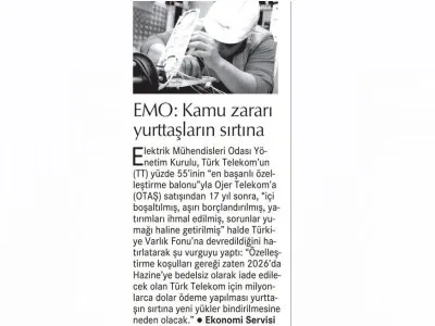 EMO : KAMU ZARARI YURTTAŞLARIN SIRTINA (CUMHURİYET)