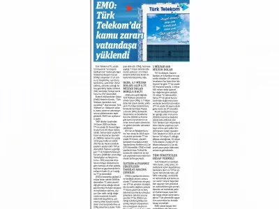 EMO:TÜRK TELEKOM`DA KAMU ZARARI VATANDAŞA YÜKLENDİ (GAZETE PENCERE)
