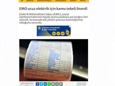 EMO UCUZ ELEKTRİK İÇİN KAMU TEKELİ ÖNERDİ  (ENERJİGUNLUGU.NET)