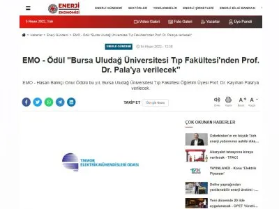 EMO - ÖDÜL ``BURSA ULUDAĞ ÜNİVERSİTESİ TIP FAKÜLTESİ`NDEN PROF. DR. PALA`YA VERİLECEK``(ENERJİEKONOMİSİ.COM)