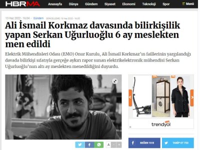 ALİ İSMAİL KORKMAZ DAVASINDA BİLİRKİŞİLİK YAPAN SERKAN UĞURLUOĞLU 6 AY MESLEKTEN MEN EDİLDİ (HBRMA.COM)