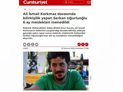 ALİ İSMAİL KORKMAZ DAVASINDA BİLİRKİŞİLİK YAPAN SERKAN UĞURLUOĞLU 6 AY MESLEKTEN MENEDİLDİ (CUMHURİYET.COM.TR)