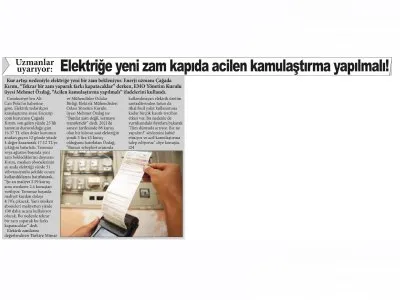 ELEKTRİĞE YENİ ZAM KAPIDA ACİLEN KAMULAŞTIRMA YAPILMALI (GAZİANTEP SABAH)
