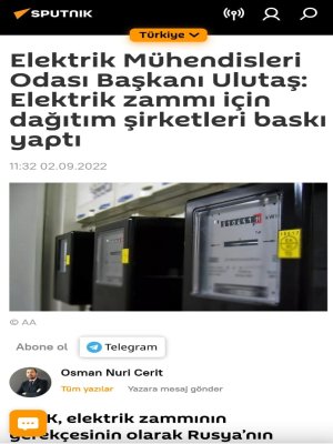 ELEKTRİK MÜHENDİSLERİ ODASI BAŞKANI ULUTAŞ: ELEKTRİK ZAMMI İÇİN DAĞITIM ŞİRKETLERİ BASKI YAPTI (SPUTNİKNEWS.COM.TR)