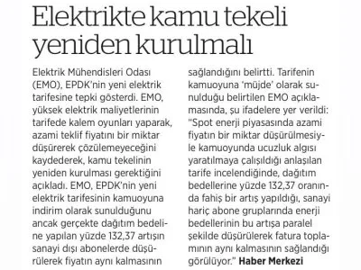 ELEKTRİKTE KAMU TEKELİ YENİDEN KURULMALI (BİRGÜN)