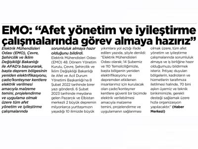 EMO: AFET YÖNETİM VE İYİLEŞTİRME ÇALIŞMALARINDA GÖREV ALMAYA HAZIRIZ (ÇUKUROVA)