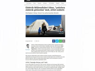 ELEKTRİK MÜHENDİSLERİ ODASI, ÇADIRLARA ELEKTRİK GÖTÜRELİM DEDİ, AFAD REDDETTİ (T24.COM.TR)