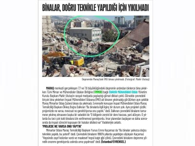 BİNALAR, DOĞRU TEKNİKLE YAPILDIĞI İÇİN YIKILMADI (GÜNLÜK EVRENSEL)